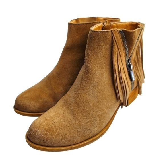 Lucky Brand Fringe Bootie Brown Tan Suede Beeliner Boot Double Zipper Boot  Sz 7 - Picture 1 of 16